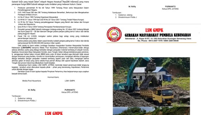 LSM GMPK Layangkan Pengaduan Resmi ke Polres Kendal Terkait Dugaan Penyalahgunaan BBM Subsidi dan Aktivitas Tambang di Boja